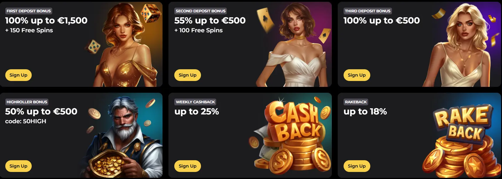 Vipzino Casino promotions — 3 deposit bonuses up to £1,500 + 150 FS, Highroller, Weekly Cashback and Rakeback